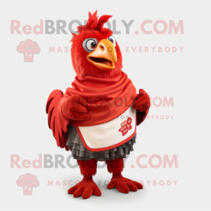Red Rooster mascot costume character dressed with a Wrap Skirt and Mittens
