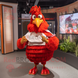 Red Rooster mascot costume character dressed with a Wrap Skirt and Mittens