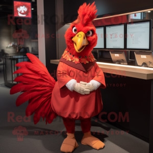 Red Rooster mascot costume character dressed with a Wrap Skirt and Mittens