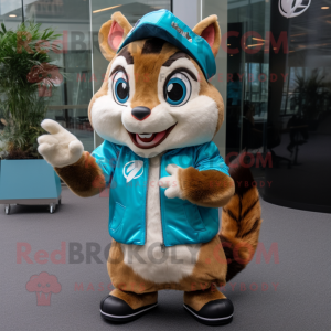 Cyan Chipmunk mascot costume character dressed with a Leather Jacket and Digital watches