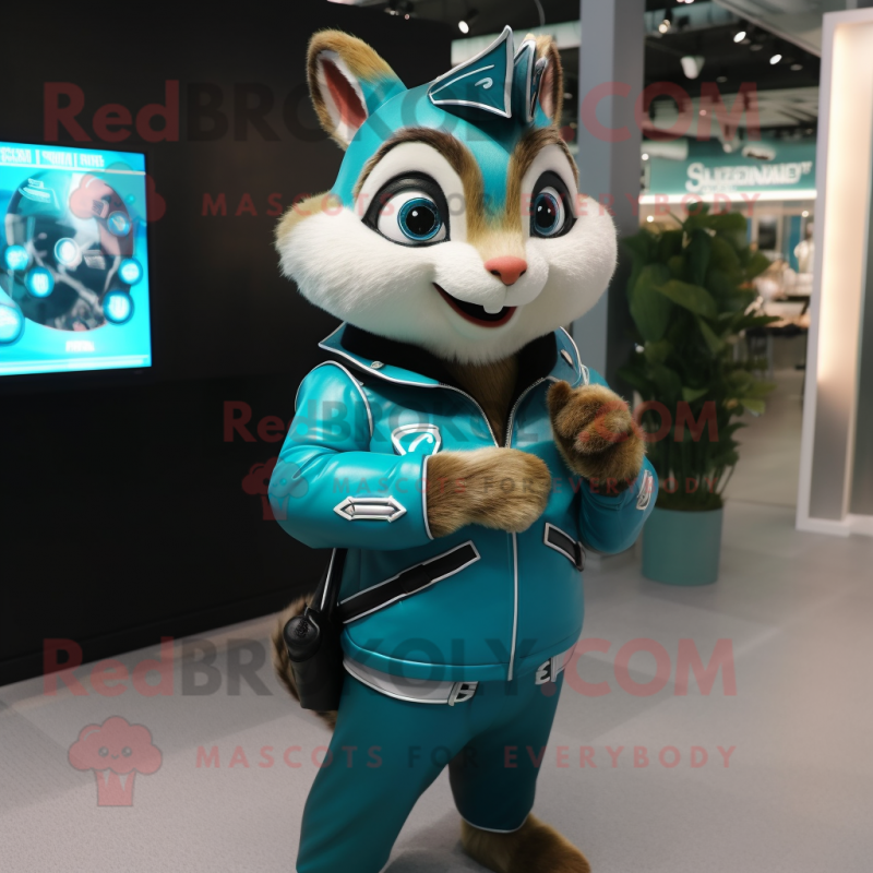 Cyan Chipmunk mascot costume character dressed with a Leather Jacket and Digital watches