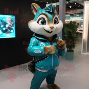 Cyan Chipmunk mascot costume character dressed with a Leather Jacket and Digital watches