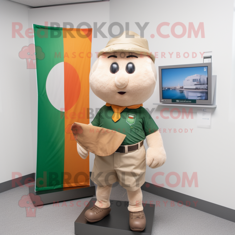 Tan Irish Flag mascot costume character dressed with a Cargo Shorts and Coin purses Tan Irish Flag mascot costume character dressed with a Cargo Shorts and Coin purses