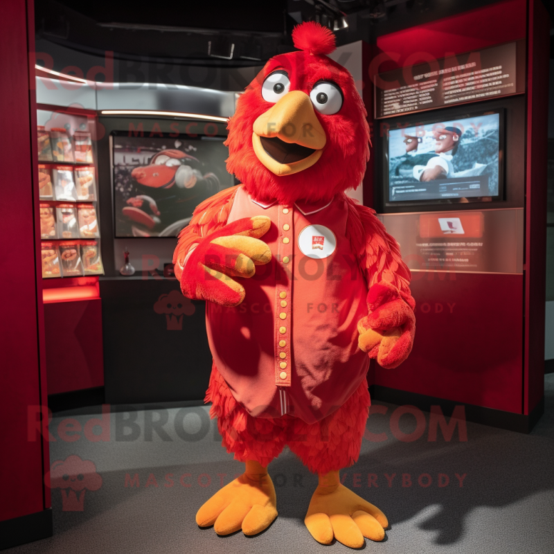 Red Hens mascot costume character dressed with a Polo Shirt and Coin purses Red Hens mascot costume character dressed with a Polo Shirt and Coin purses