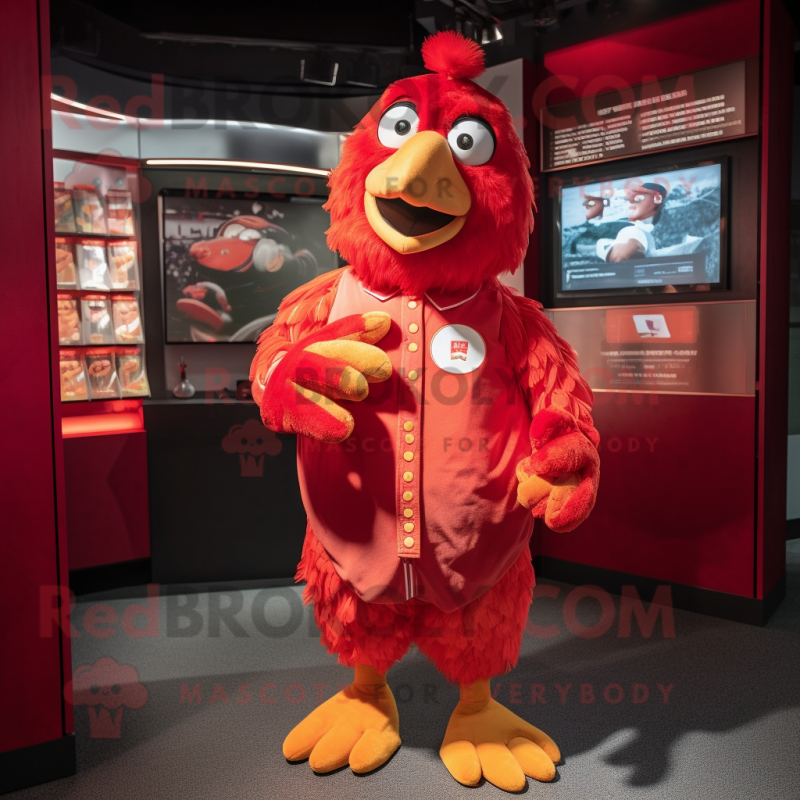 Red Hens mascot costume character dressed with a Polo Shirt and Coin purses