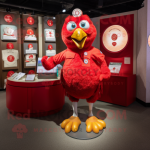 Red Hens mascot costume character dressed with a Polo Shirt and Coin purses