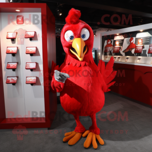 Red Hens mascot costume character dressed with a Polo Shirt and Coin purses