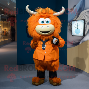 Orange Yak mascot costume character dressed with a Oxford Shirt and Watches