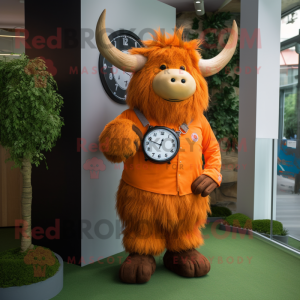 Orange Yak mascot costume character dressed with a Oxford Shirt and Watches