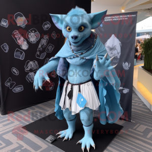 Sky Blue Gargoyle mascot costume character dressed with a Board Shorts and Shawl pins