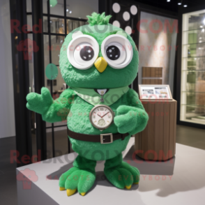 Green Owl mascot costume character dressed with a Romper and Bracelet watches