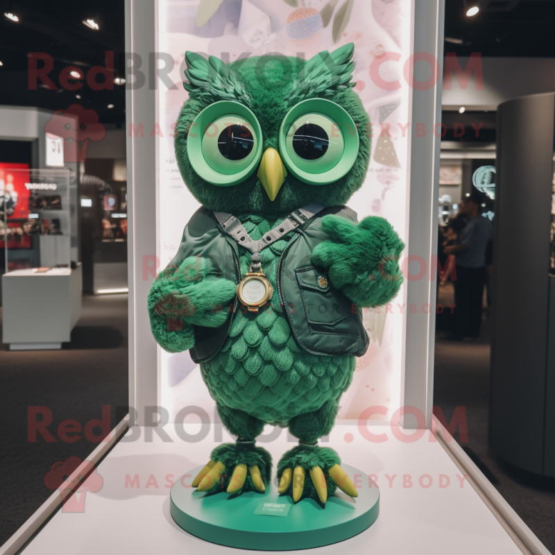 Green Owl mascot costume character dressed with a Romper and Bracelet watches