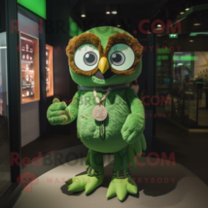 Green Owl mascot costume character dressed with a Romper and Bracelet watches