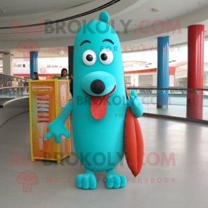 Turquoise Hot Dogs mascot costume character dressed with a Jumpsuit and Clutch bags