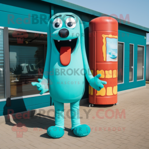 Turquoise Hot Dogs mascot costume character dressed with a Jumpsuit and Clutch bags