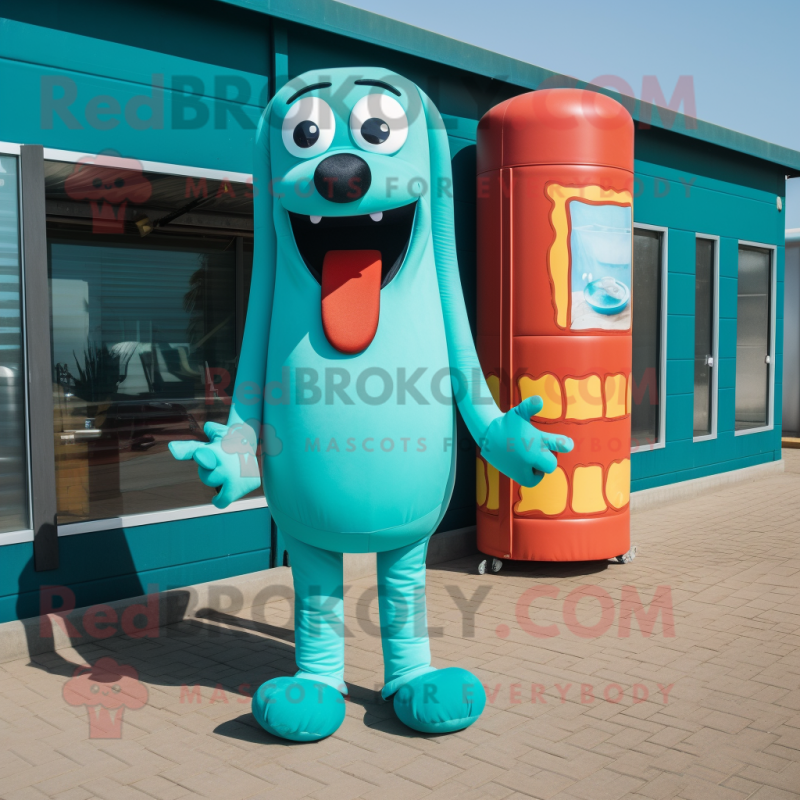 Turquoise Hot Dogs mascot costume character dressed with a Jumpsuit and Clutch bags Turquoise Hot Dogs mascot costume character dressed with a Jumpsuit and Clutch bags