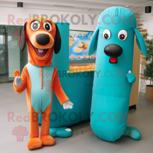 Turquoise Hot Dogs mascot costume character dressed with a Jumpsuit and Clutch bags