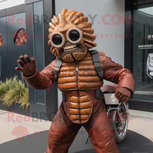 Rust Trilobite mascot costume character dressed with a Moto Jacket and Cufflinks