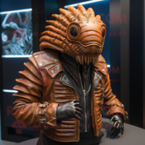 Rust Trilobite mascot costume character dressed with a Moto Jacket and Cufflinks