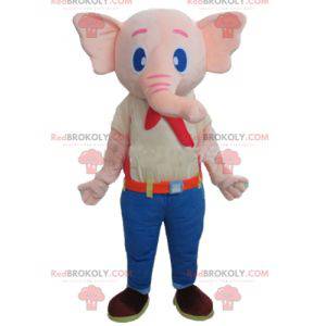 Pink elephant mascot dressed in a colorful outfit -