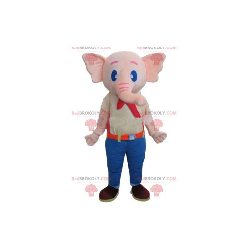 Mascotte elefante rosa vestito con un abito colorato -