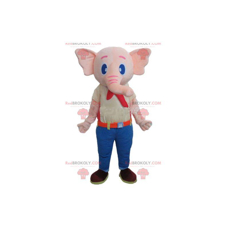 Pink elephant mascot dressed in a colorful outfit -