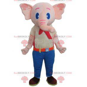 Mascotte elefante rosa vestito con un abito colorato -