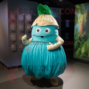 Turquoise Turnip mascot costume character dressed with a Pleated Skirt and Wraps