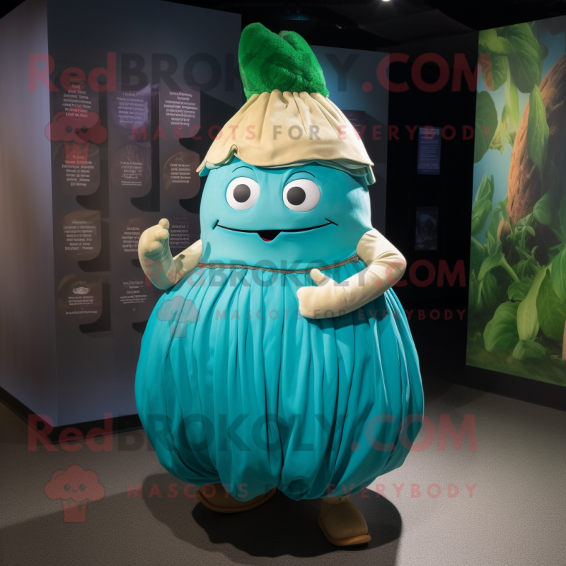Turquoise Turnip mascot costume character dressed with a Pleated Skirt and Wraps Turquoise Turnip mascot costume character dressed with a Pleated Skirt and Wraps