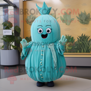Turquoise Turnip mascot costume character dressed with a Pleated Skirt and Wraps