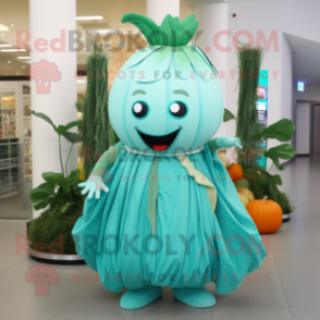 Turquoise Turnip mascot costume character dressed with a Pleated Skirt and Wraps