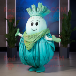 Turquoise Turnip mascot costume character dressed with a Pleated Skirt and Wraps