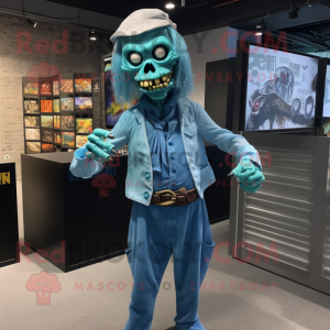 Cyan Undead mascot costume character dressed with a Oxford Shirt and Cummerbunds