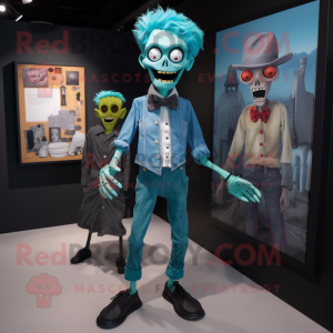 Cyan Undead mascot costume character dressed with a Oxford Shirt and Cummerbunds