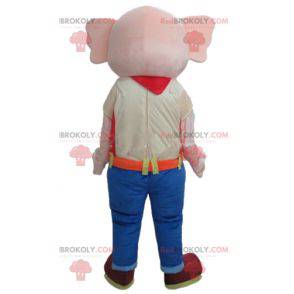 Mascote elefante rosa vestido com uma roupa colorida -
