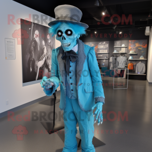 Cyan Undead mascot costume character dressed with a Oxford Shirt and Cummerbunds