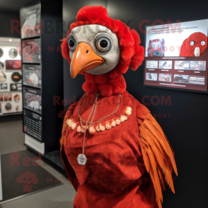 Red Guinea Fowl mascot costume character dressed with a Mini Dress and Beanies