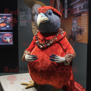 Red Guinea Fowl mascot costume character dressed with a Mini Dress and Beanies
