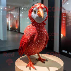 Red Guinea Fowl mascot costume character dressed with a Mini Dress and Beanies