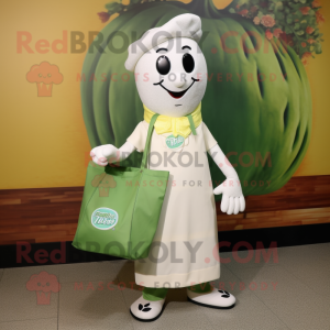 White Pesto Pasta mascot costume character dressed with a Sheath Dress and Tote bags