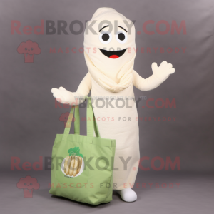 White Pesto Pasta mascot costume character dressed with a Sheath Dress and Tote bags