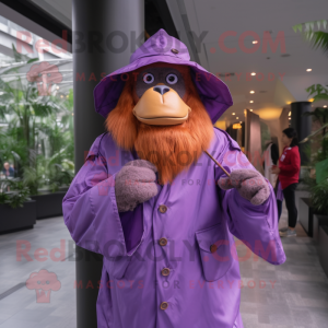 Purple Orangutan mascot costume character dressed with a Raincoat and Berets