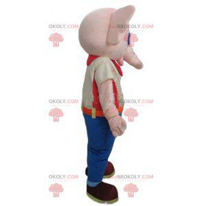 Mascotte elefante rosa vestito con un abito colorato -