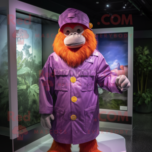 Purple Orangutan mascot costume character dressed with a Raincoat and Berets