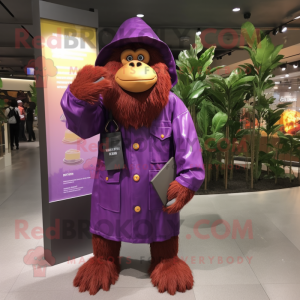 Purple Orangutan mascot costume character dressed with a Raincoat and Berets