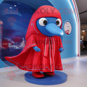 Red Blue Whale mascot costume character dressed with a Coat and Rings