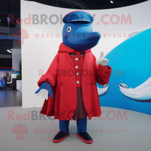 Red Blue Whale mascot costume character dressed with a Coat and Rings