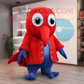 Red Blue Whale mascot costume character dressed with a Coat and Rings