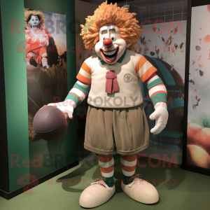 Tan Clown mascot costume character dressed with a Rugby Shirt and Foot pads