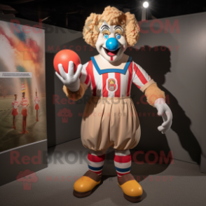 Tan Clown mascot costume character dressed with a Rugby Shirt and Foot pads